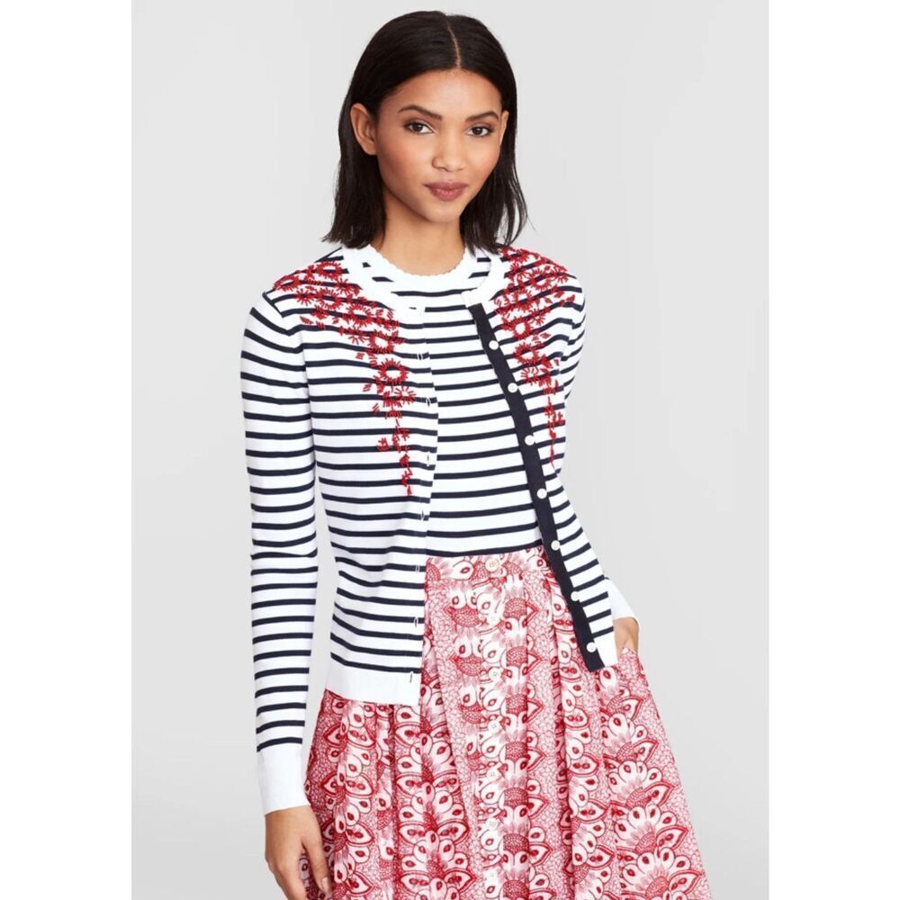 NWT Brooks Brothers Floral-Beaded Striped Cardigan, XS $150 A5